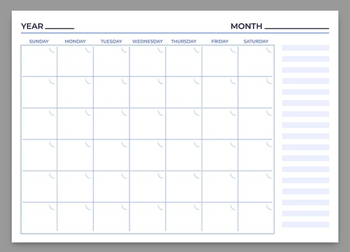 Monthly planner template. Vector month and week plan, calendar daily, time weekly stationery  to work illustration