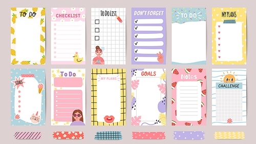 planner list notes. weekly to do lists and daily schedule with stickers and cute s. checklist for goals and plans template vector set. challenge and do not forget papers for