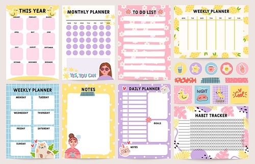 Planner notebook. Decorated daily, monthly and weekly plan template. To do list, schedule and habit tracker. Organizer note pages vector set. Colorful routine timetable for self management