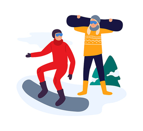 Winter activities. Friends with snowboard having active leisure. Couple leading healthy lifestyle, exercising, doing sport. Young man and woman on snowboarding resort vector illustration