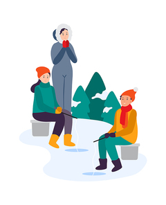 Winter activities. Family fishing together. Anglers fishing on iced pond. Girl and boy sitting on chair with rod and catching fich in hole. Characters wearing warm clothing, winter hobby vector