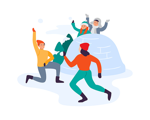 Winter activities. Family playing snowball fight. Children having fun in snow in winter. Cartoon flat people spending time together, cheerful leisure active lifestyle vector illustration