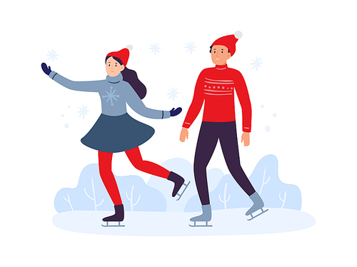 Winter sport activities. Friends skiing together wearing warm clothing. Young girl and boy spending leisure time actively on ice rink or frozen lake. Happy couple vector illustration