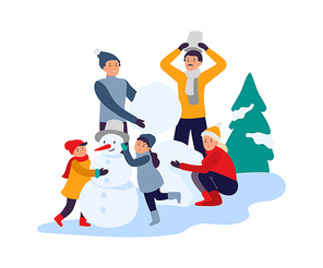 Winter activities. Happy family making snowman. Parents with children spending time in snowy park. Active recreation, leisure on vacation. Winter holidays and fun vector illustration