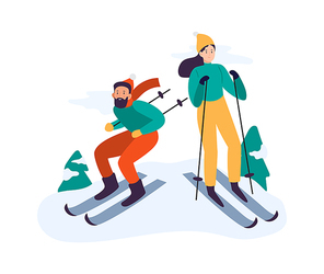 Winter activities. People skiing. Couple spending time together actively outdoor, having leisure. Man and woman in winter clothing with equipment. Family holiday vacation vector illustration