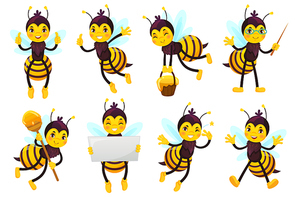 Cartoon bee mascot. Cute honeybee, flying bees and happy funny yellow bee character mascots. Fly bumblebee, bee with honey or insect bug mascot. Vector illustration isolated icons set