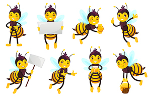 Cartoon bee character. Bees honey, flying cute honeybee and funny yellow bee mascot. Flowers honey delivery bee insect or bumblebee bug. Isolated vector illustration icons set