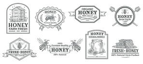 natural honey badge. bees farm label, vintage honey product hand drawn badges and bee emblem. honey farm stamp logo, bee hive, wax or  honeycomb insignia. vector illustration isolated icon set