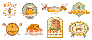 Honey badge. Natural bee farm product label, organic beekeeping pollen and bees hive emblem badges. Beehives logo, honeycomb tag or bumblebee wasp bee wax insignia. Isolated vector illustration set