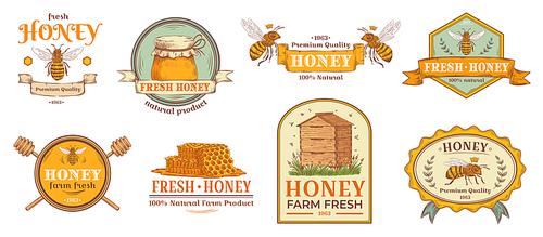 Honey badge. Natural bee farm product label, organic beekeeping pollen and bees hive emblem badges. Beehives logo, honeycomb tag or bumblebee wasp bee wax insignia. Isolated vector illustration set