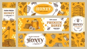 honey banner. healthy sweets, natural bees honey pot and bee farm products banners. bees wax or honey jar sticker, beekeeper  gourmet food advertisment sale label or  vector collection