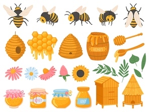 Beekeeping. Apiculture products various honey in glass jars. Honeycomb, beeswax, beehive, flowers and bees organic food vector set. Illustration honey and beekeeping, bee and sweet organic
