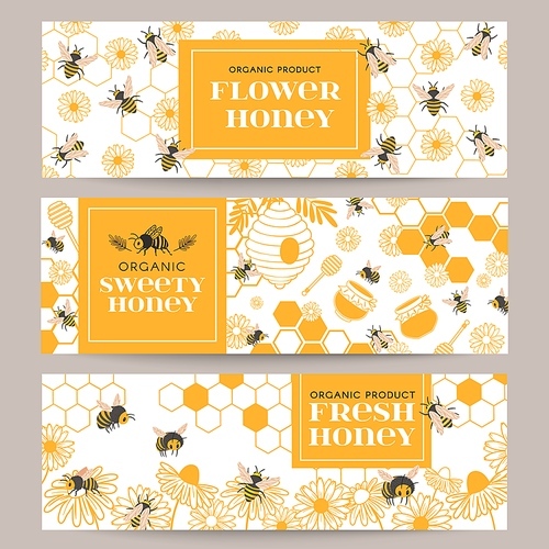 Honey banners. Business promote flyer with various beekeeping products, honeycomb and honey in jars, beeswax, bees and flowers, vector set. Illustration honey bee and beekeeping card