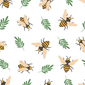 Bee pattern. Cute flying bees insects kids wallpaper or honey wrapping paper seamless vector doodle texture. Illustration bee insect flying pattern