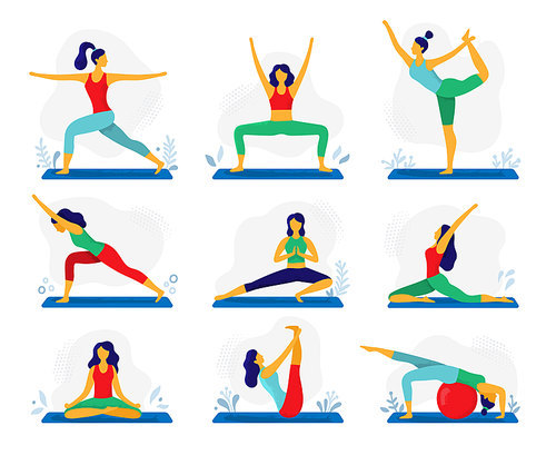 Yoga exercise. Fitness therapy, healthy stretch yoga poses and woman treatment stretching exercises. Meditation yoga exercising, harmony fitness sport. Flat vector illustration isolated icons set