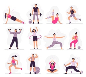 Sport people. Young athletic woman fitness activities, sports man and gym exercises. Characters gymnastics, outdoor active games and workout. Isolated vector illustration icons set