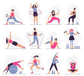 Woman sport activities. Beautiful young woman do fitness activities, female character run and yoga exercises vector illustration set. Sportive ladies working out. Healthy lifestyle, active workout