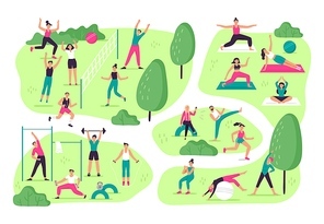 People do sports in park. Outdoor sport activities, group workout and healthy lifestyle. Beautiful sport people outdoor yoga, running and training vector illustration