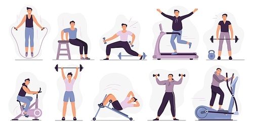 Man at sport gym. Vector illustration set. Sport exercise male character, man do exercise in gym, fitness healthy for body
