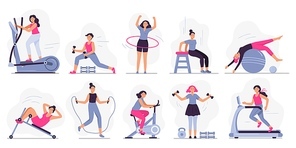 Woman at sport gym. Vector illustration set. Female run on treadmill, equipment for fitness in gym, workout people, training exercise collection