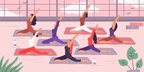 Women yoga group. Vector illustration. Yoga exercise training, fitness pose woman, activity physical asana. Position balance and stretching