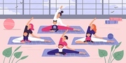 Mothers with kids yoga group. Vector illustration. Mother parent and baby doing yoga, group family relaxation for health, exercise training woman