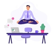 Yoga office man worker. Vector illustration. Yoga lotus on office, man business relax and meditation, character male
