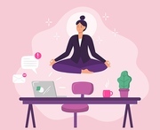 Business woman worker meditation. Vector illustration. Business female worker yoga, lotus meditation manager in cabinet, boss relax