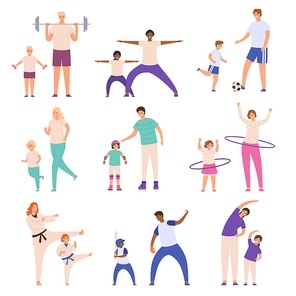 Parents and children doing sport. Father and son play football, mother and daughter do fitness exercise. Family physical activity vector set. Active and healthy lifestyle, leisure time
