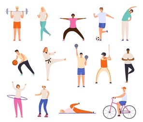 Sport people. Men and women exercise, workout, doing yoga and fitness, run and playing basketball. Healthy lifestyle characters vector set. Riding bicycle, playing baseball and football