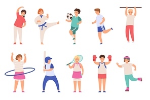 Sport kids. Children play football and tennis, doing exercise and karate, run and boxing. Boys and girls physical activities flat vector set. Teenagers in uniform and with equipment