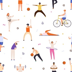 People exercise seamless pattern. Active man and woman do yoga, sport, ride bicycle and play basketball. Flat healthy lifestyle vector . Characters doing karate, playing baseball and football