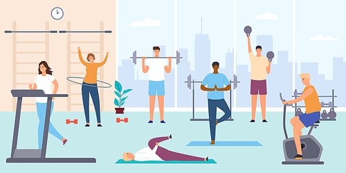 People in gym. Man and woman on training apparatus, exercise bike and treadmill. Fitness workout and indoor sport room flat vector concept. Male characters with barbells and kettlebells