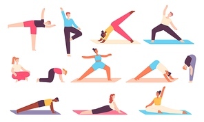 Yoga people. Men and women do stretch exercises for body and mind relax. Zen meditation in balanced asana pose. Healthy wellbeing vector set. Illustration yoga exercise fitness, man do sport