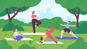 Yoga in city park. Group of women do exercise and meditation in nature landscape. Outdoor fitness lesson, healthy lifestyle vector concept. Illustration park yoga workout, fitness outdoor