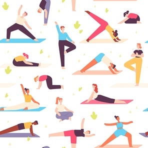 Yoga people seamless pattern. Men and women do mental health and physical exercise. Meditation, relaxation in nature, wellbeing vector . Illustration pattern mental yoga in park outdoor