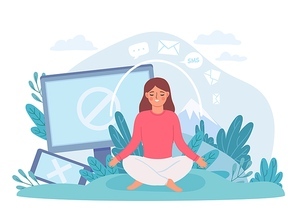 Digital detox. Woman in lotus pose meditate and take break from internet, phone and social networks. Disconnect offline life vector concept. Digital social media offline, cartoon meditation