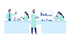 Scientific research. Scientist people wearing lab coats, science researches and chemical laboratory experiments. Chemistry clinic laboratories, microbiology pharmaceutical research vector illustration