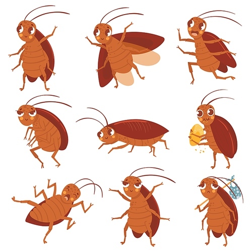 Cartoon cockroach mascot. Angry cockroaches, insect pests and bugs control characters vector illustration set. Funny brown beetles collection. Different adorable parasites, wildlife stickers pack