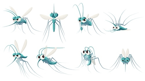 cartoon mosquito. angry forest flying mosquitoes, scared and dead insect. mosquito  blood vector illustration set. mosquito insect, cartoon gnat character collection, wildlife pest