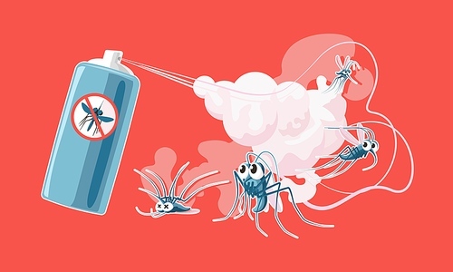 Anti mosquito spray. Scared and dead mosquitoes, sprayed insecticide poison cloud and summer insect protection spray bottle cartoon vector illustration. Anti spray insect, mosquito repellent