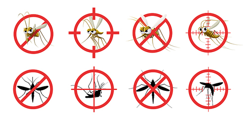 Anti mosquito sign. Informational red prohibited mosquito target, signaling stop gnat bite dangerous infection, sanitation care. Vector set of anti insect, pest stop, mosquito and gnat illustration