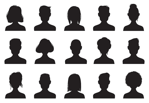 Profile icons silhouettes. Anonymous people face silhouette, woman and man head avatar profile icon anonym. Chat male or people black female male outline images vector isolated symbol set