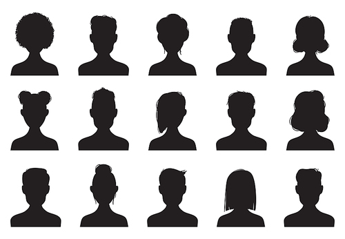 Users silhouette icons. Male and female head silhouettes human face sign. Anonymous person heads people portrait avatar profile template black outline vector isolated symbol set