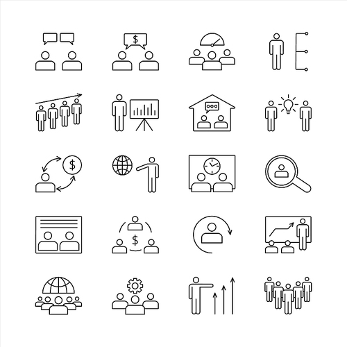 Business people icons. Office teamwork group, team brainstorm or work presentation and business partners. Collaborate research or leader support thin silhouette symbols. Isolated line icon vector set