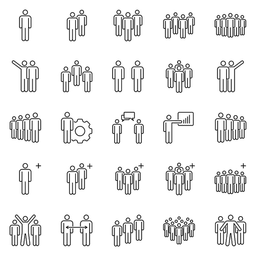 People team icons. Business partners teams, work group pictogram and office workers groups. Businessmen person line icon, organize people job partnership and teamwork leader vector set