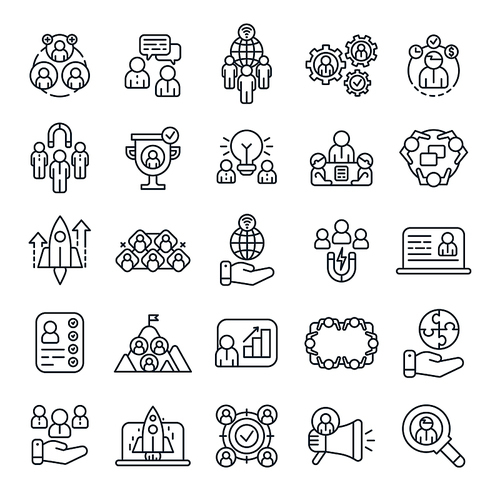 Business people outline icons. Office team brainstorm, business presentation and work partners. Teamwork line icon, startup logotype or leadership profile avatar. Isolated vector symbols set