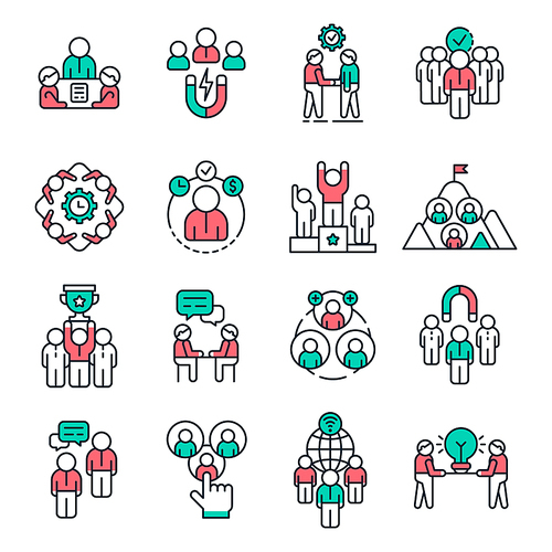 People team outline icons. Work group pictogram, office workers teams and business partners line icon. Work profile avatars, business resources user face portrait. Isolated vector symbols set