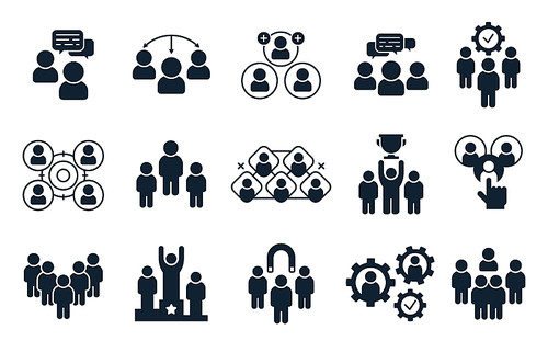 Corporate people icon. Group of persons, office teamwork pictogram and business team silhouette. Businessman training meeting seminar logo or worker profile avatars. Isolated icons vector set