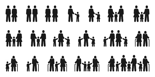 Family icons. Diversity couples and families, traditional, lgbt partners and single parents. Grandparents and children pictograms vector set. Illustration couple love, people lesbian and diversity